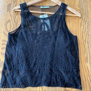 Zara Black Embroidered Mesh Top M